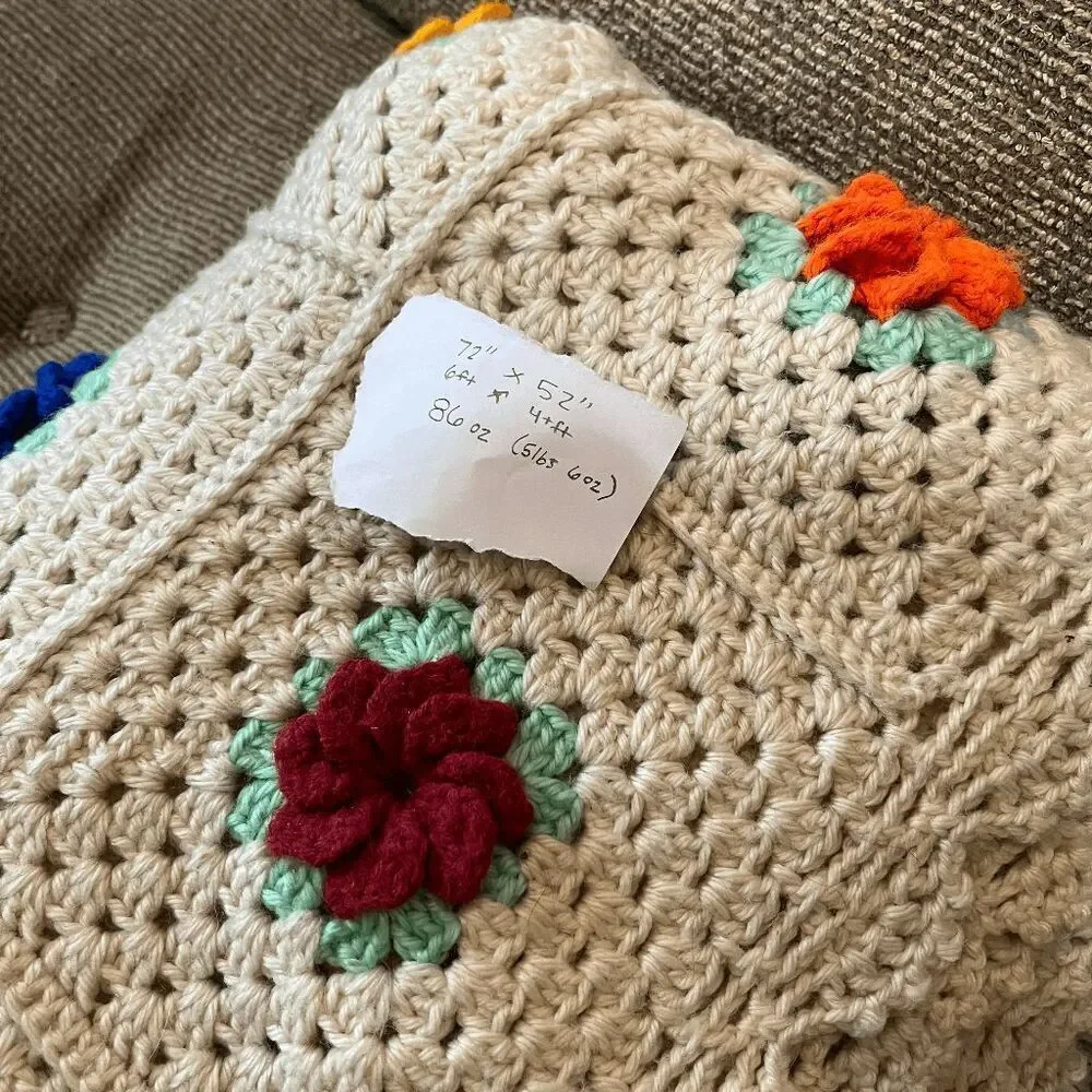 Handmade Crochet Afghan Blanket Puff 3D Flowers Cotton Blend 72x52 Boho Cottagec